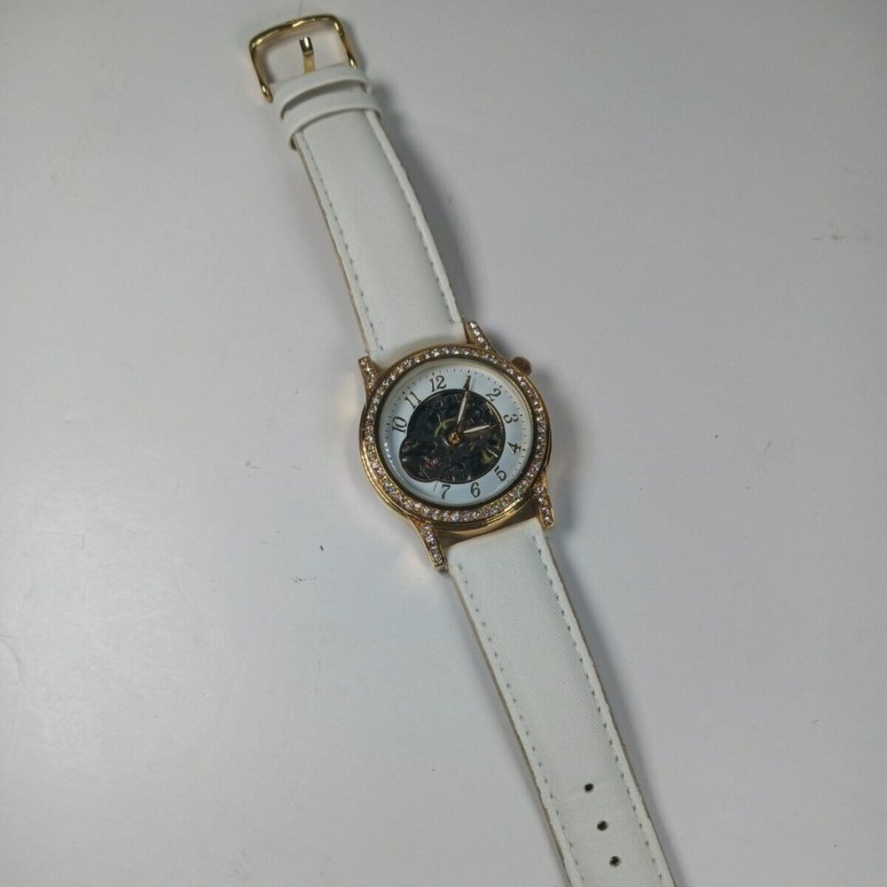Women’s Skeleton Akribos XXIV AK475WT Automatic Watch White Leather Band